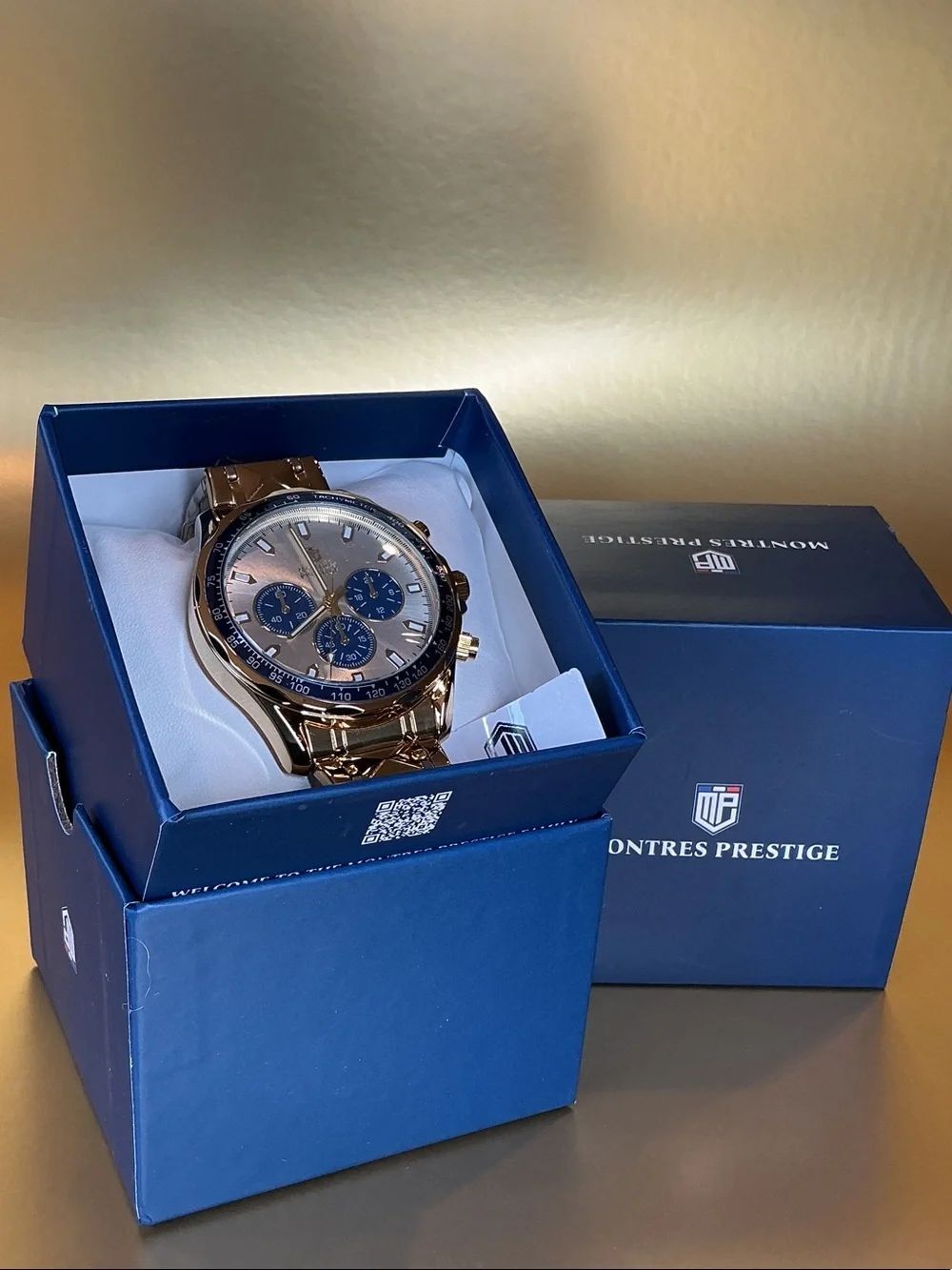 Invicta Rose Gold Tone Chronograph Watch with Blue Dial